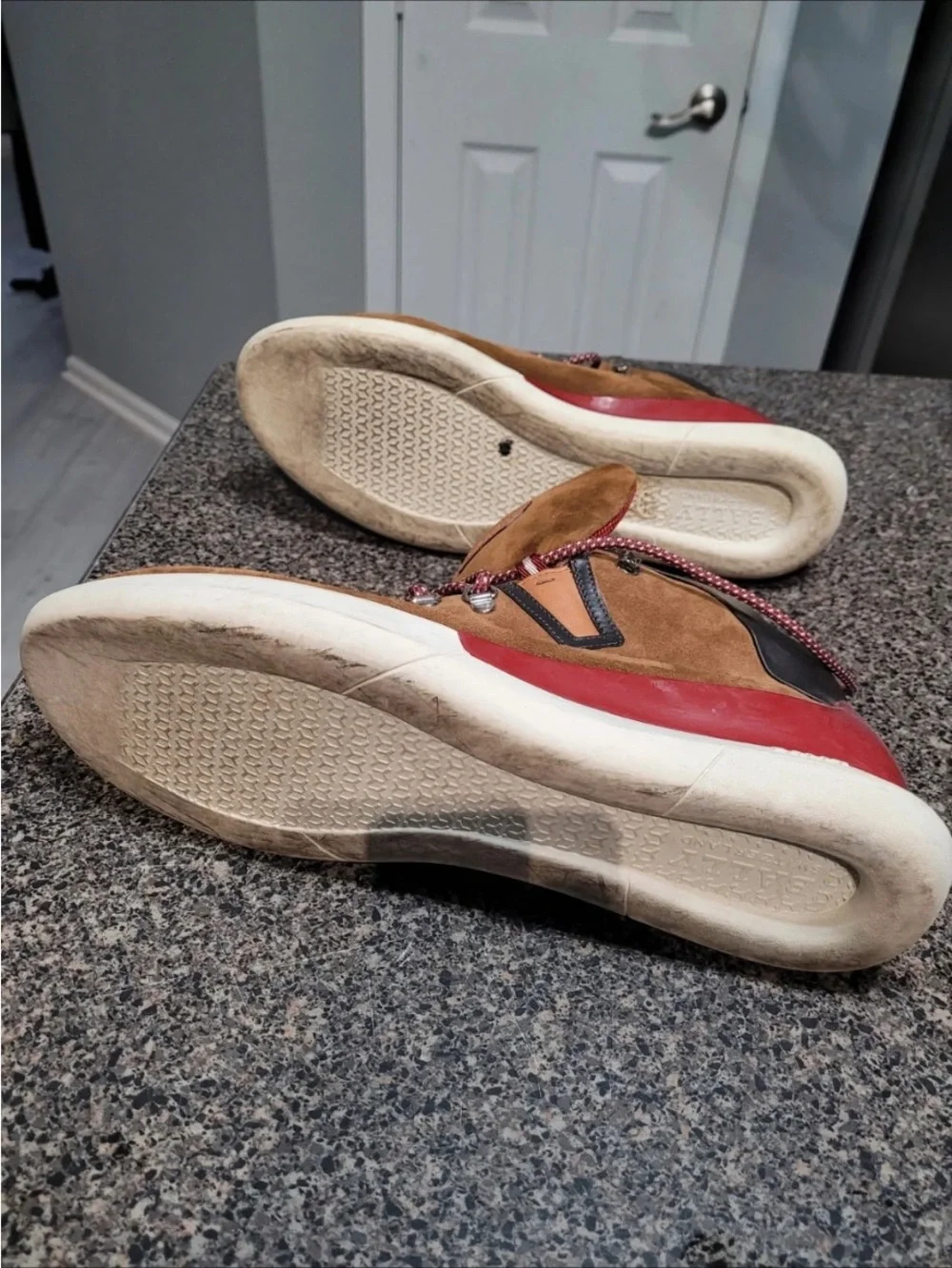 Men's Brown Ballys Suede High-Top Sneakers with Red Accents